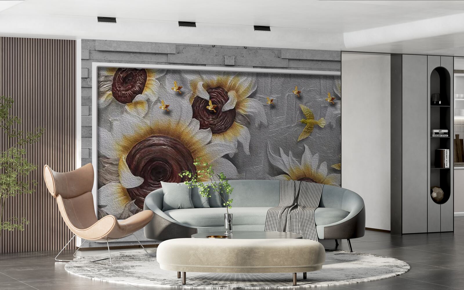 Fototapeten Weiße Sonnenblumen und Schmetterlinge