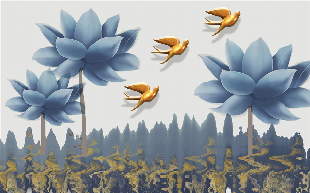 Fototapeten Goldene Vögel fliegen über die mit Blumen gepunktete Wiese