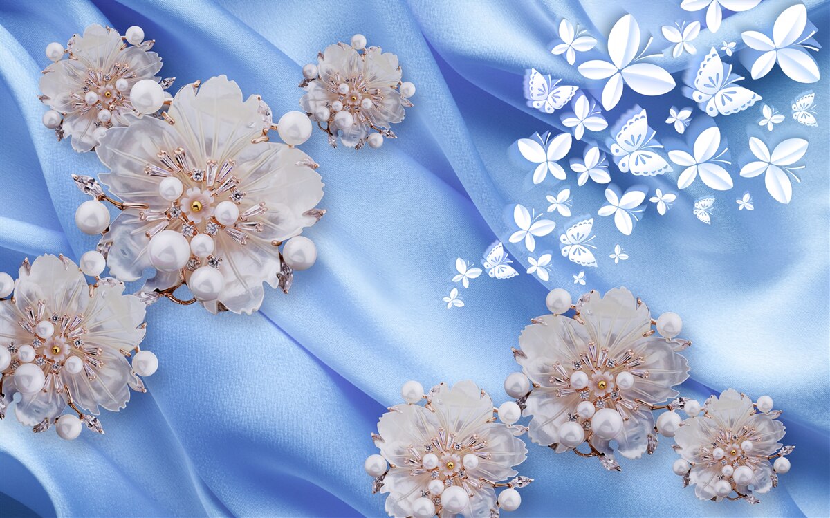 Fototapeten Weiße Schmetterlinge und Blumen auf blauer Seide