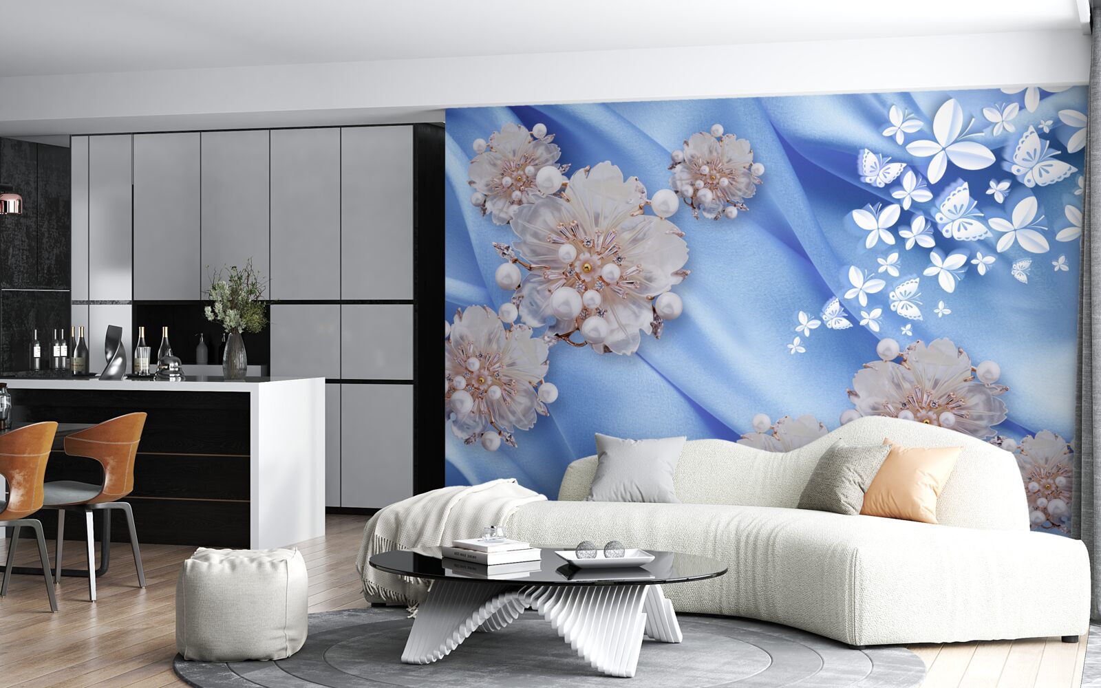 Fototapeten Weiße Schmetterlinge und Blumen auf blauer Seide