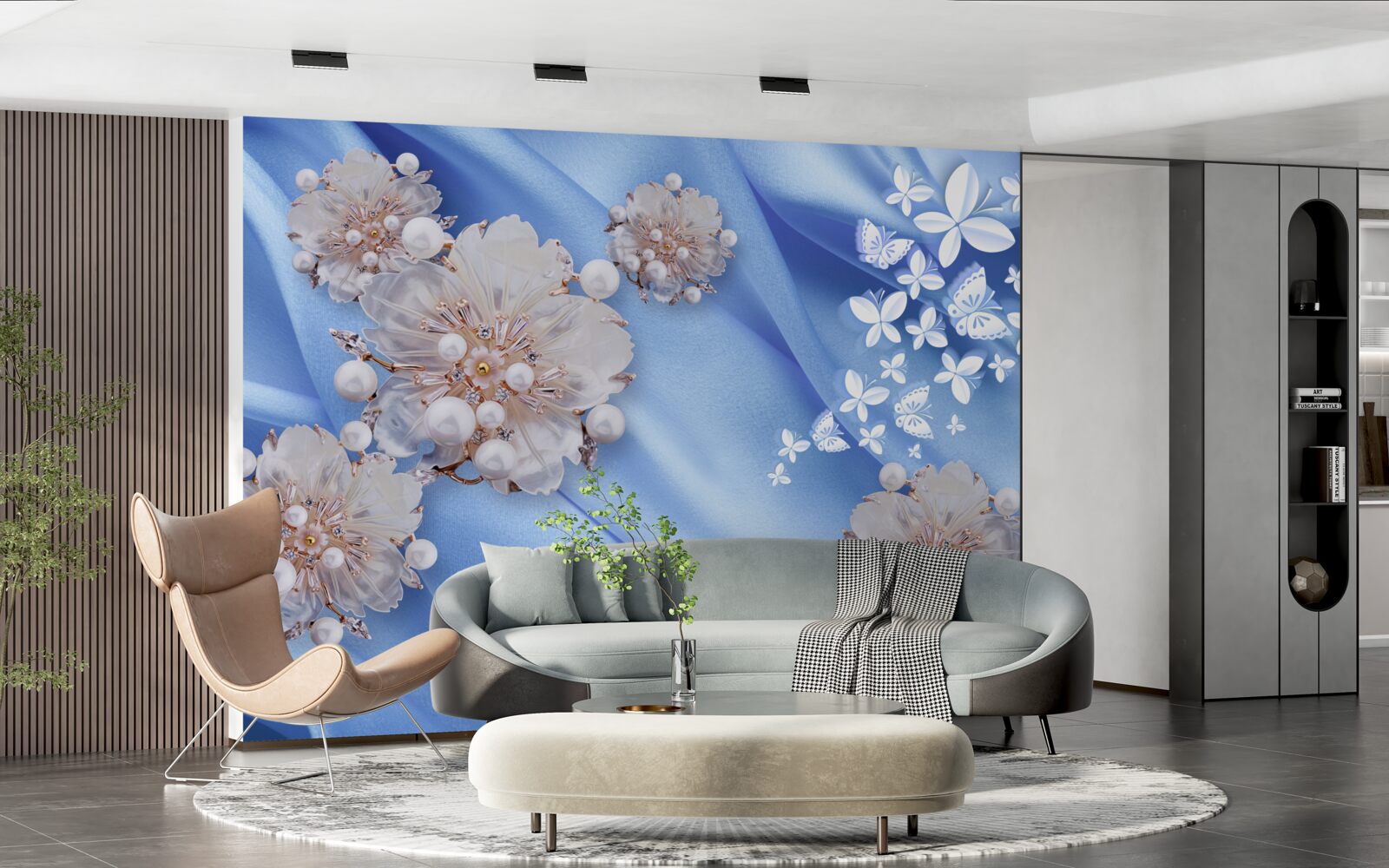 Fototapeten Weiße Schmetterlinge und Blumen auf blauer Seide
