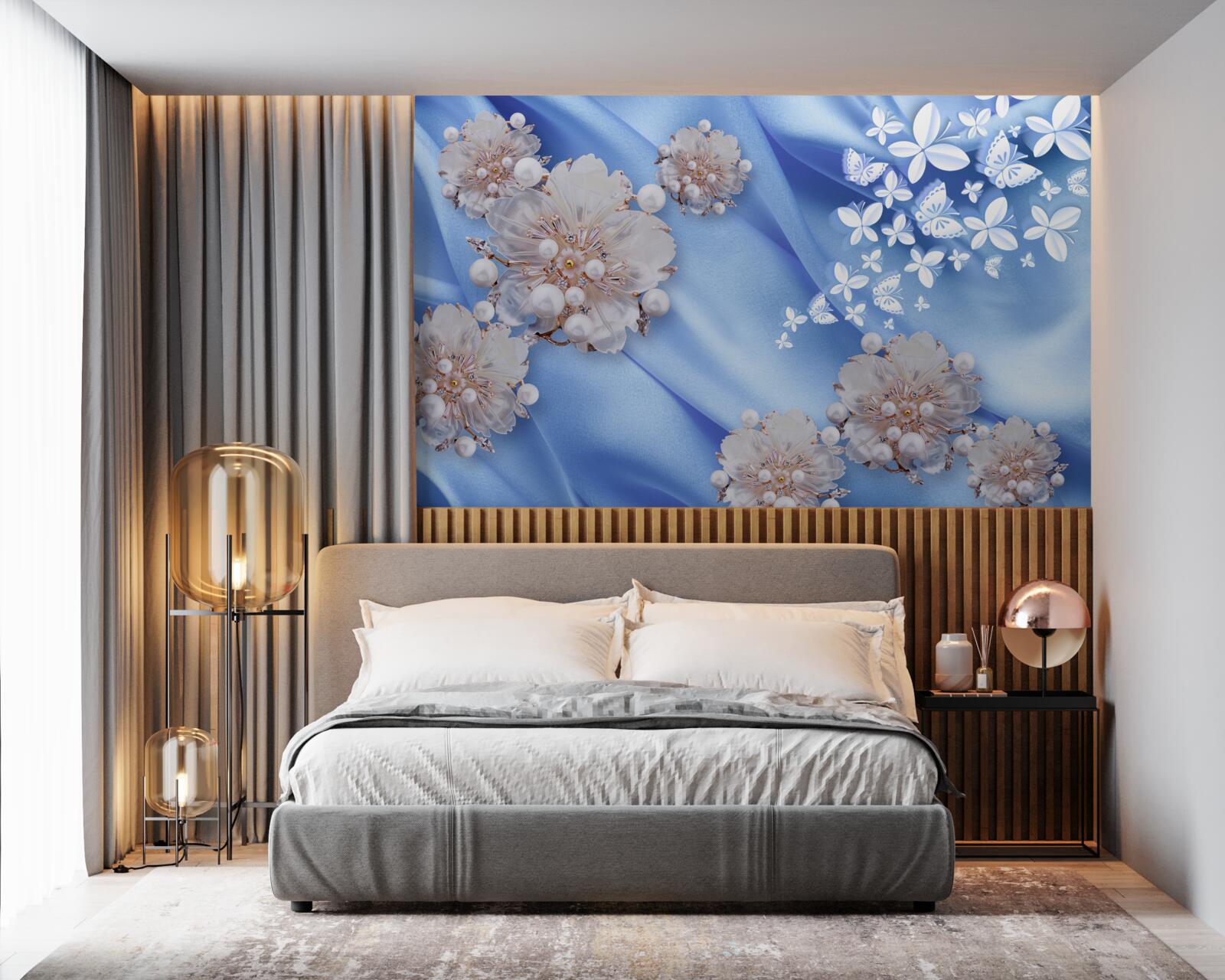 Fototapeten Weiße Schmetterlinge und Blumen auf blauer Seide