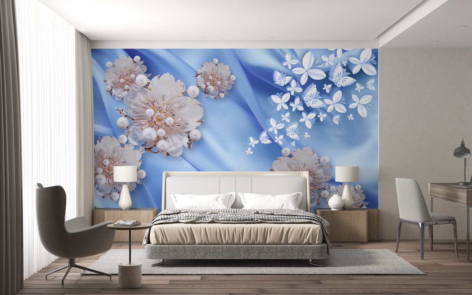Fototapeten Weiße Schmetterlinge und Blumen auf blauer Seide