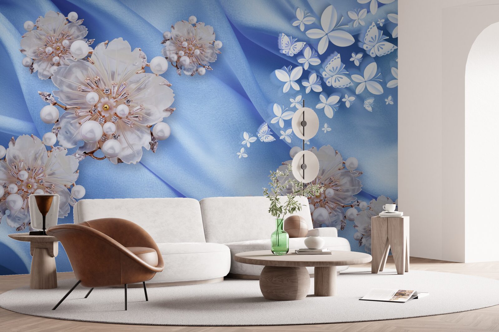 Fototapeten Weiße Schmetterlinge und Blumen auf blauer Seide