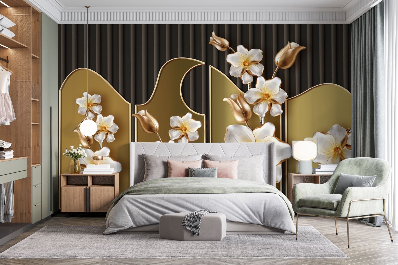 Fototapeten Schnee -White -Hyazinthen auf einem goldenen Hintergrund