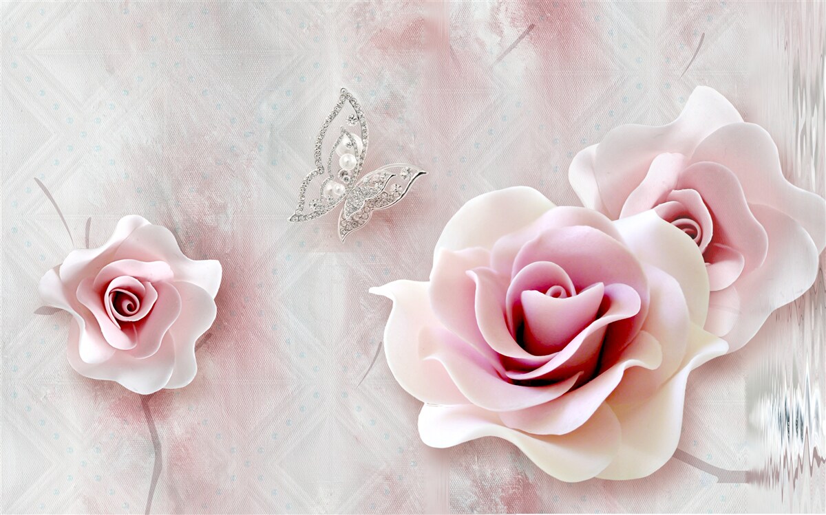 Fototapeten Schmetterlinge und Knospen von rosa Rosen