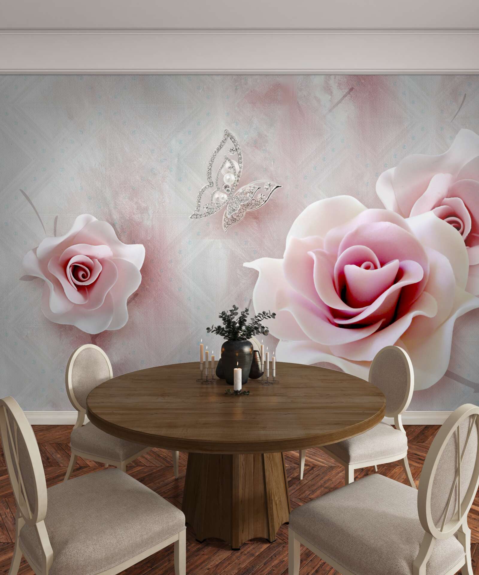 Fototapeten Schmetterlinge und Knospen von rosa Rosen