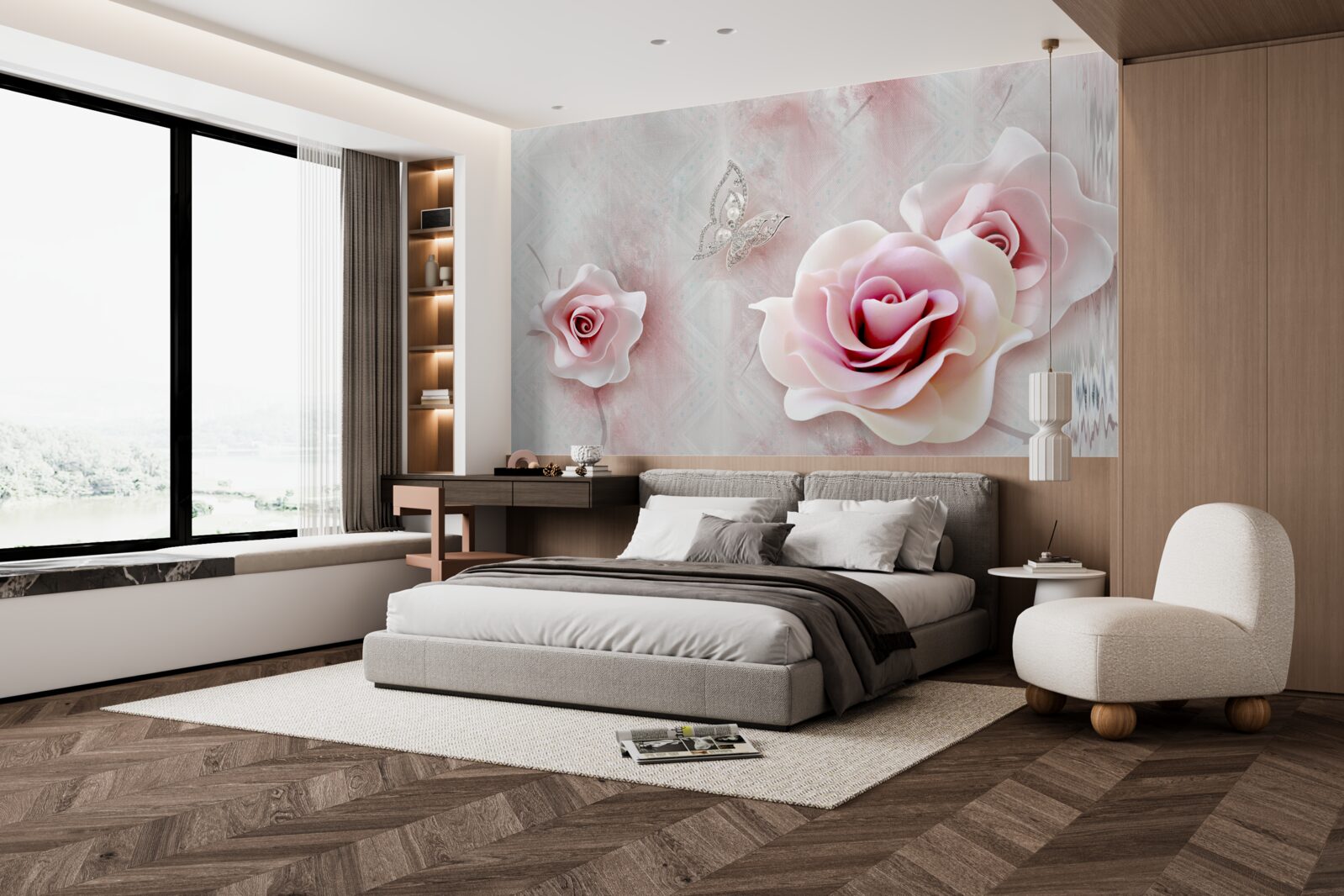 Fototapeten Schmetterlinge und Knospen von rosa Rosen