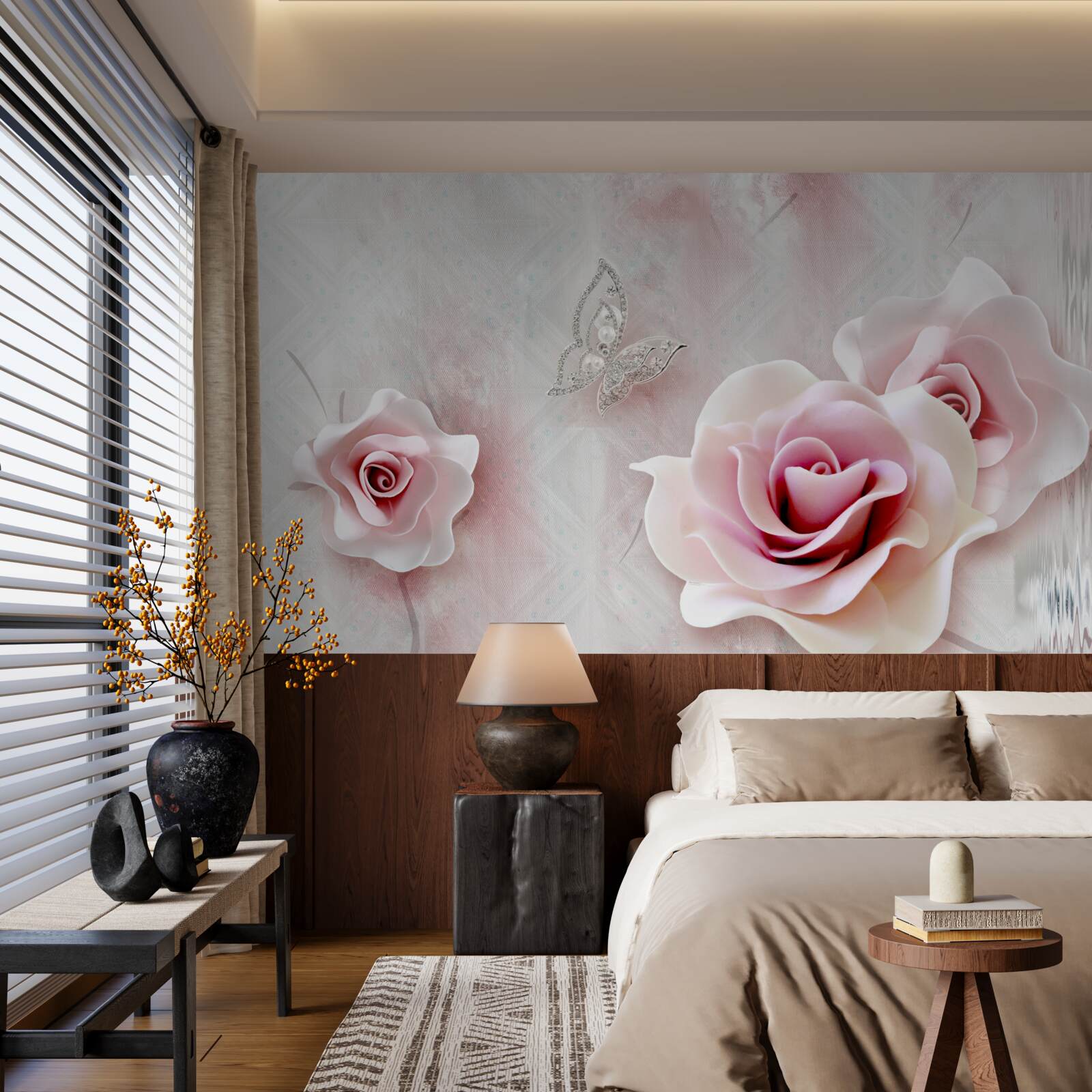 Fototapeten Schmetterlinge und Knospen von rosa Rosen