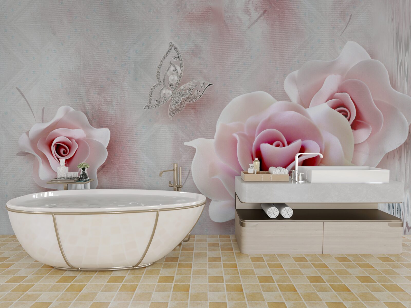 Fototapeten Schmetterlinge und Knospen von rosa Rosen