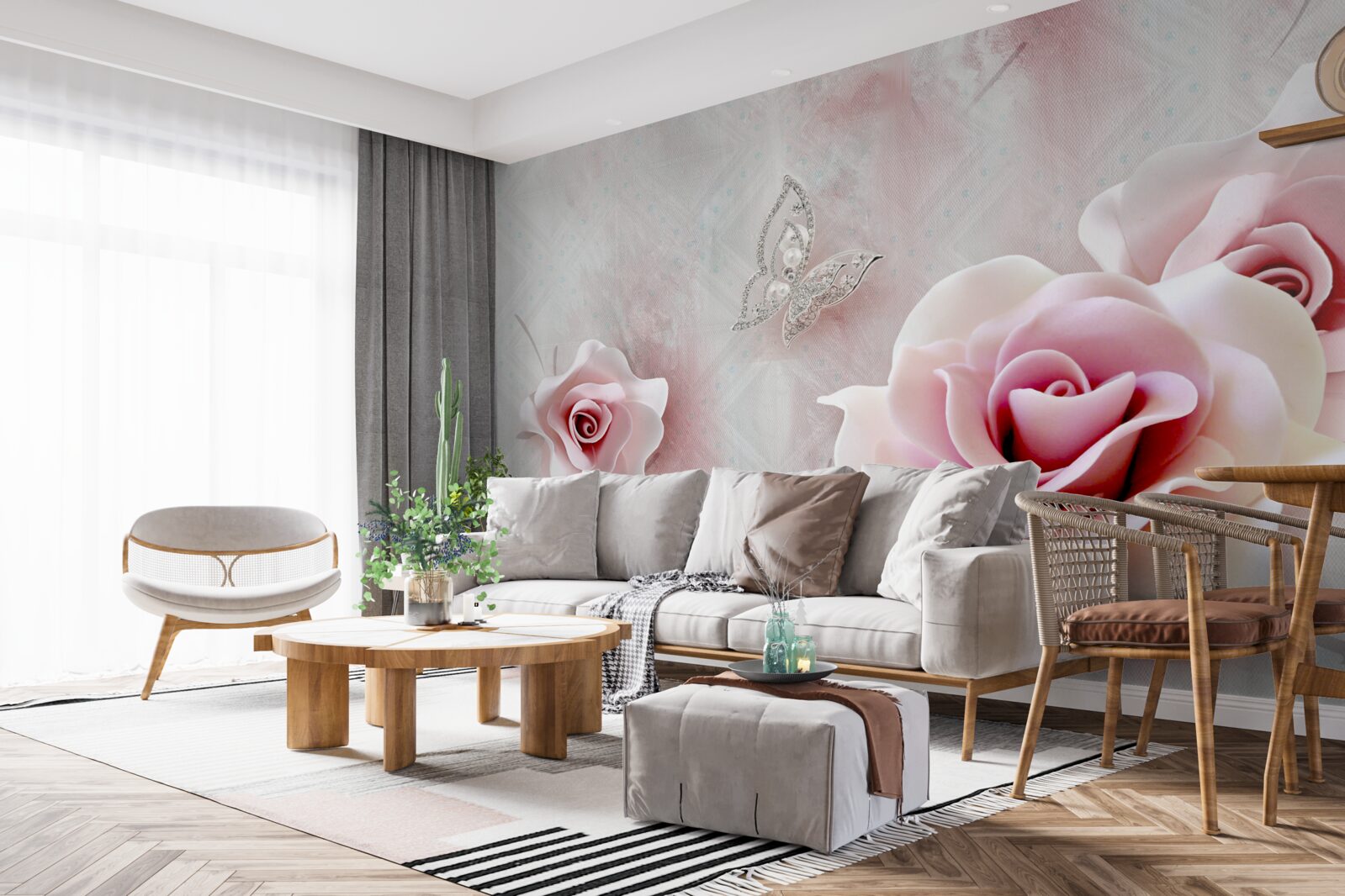Fototapeten Schmetterlinge und Knospen von rosa Rosen
