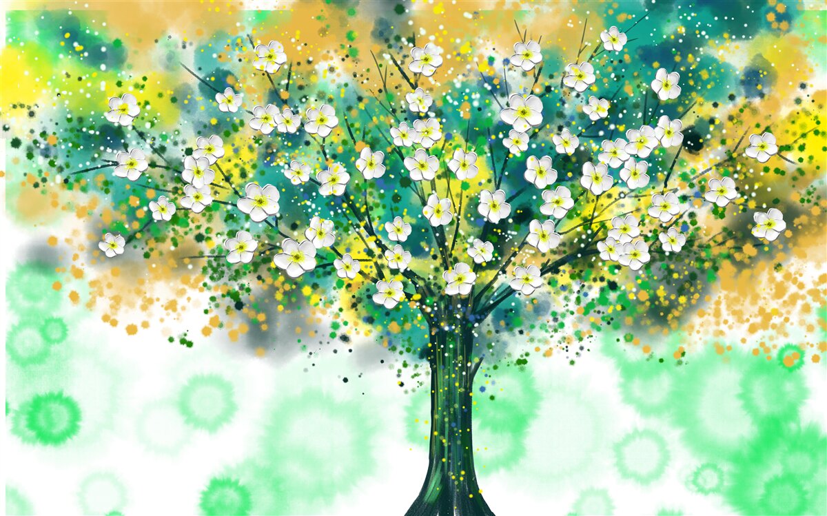 Fototapeten Blumen in verschiedenen Farbtönen auf einem blühenden Baum