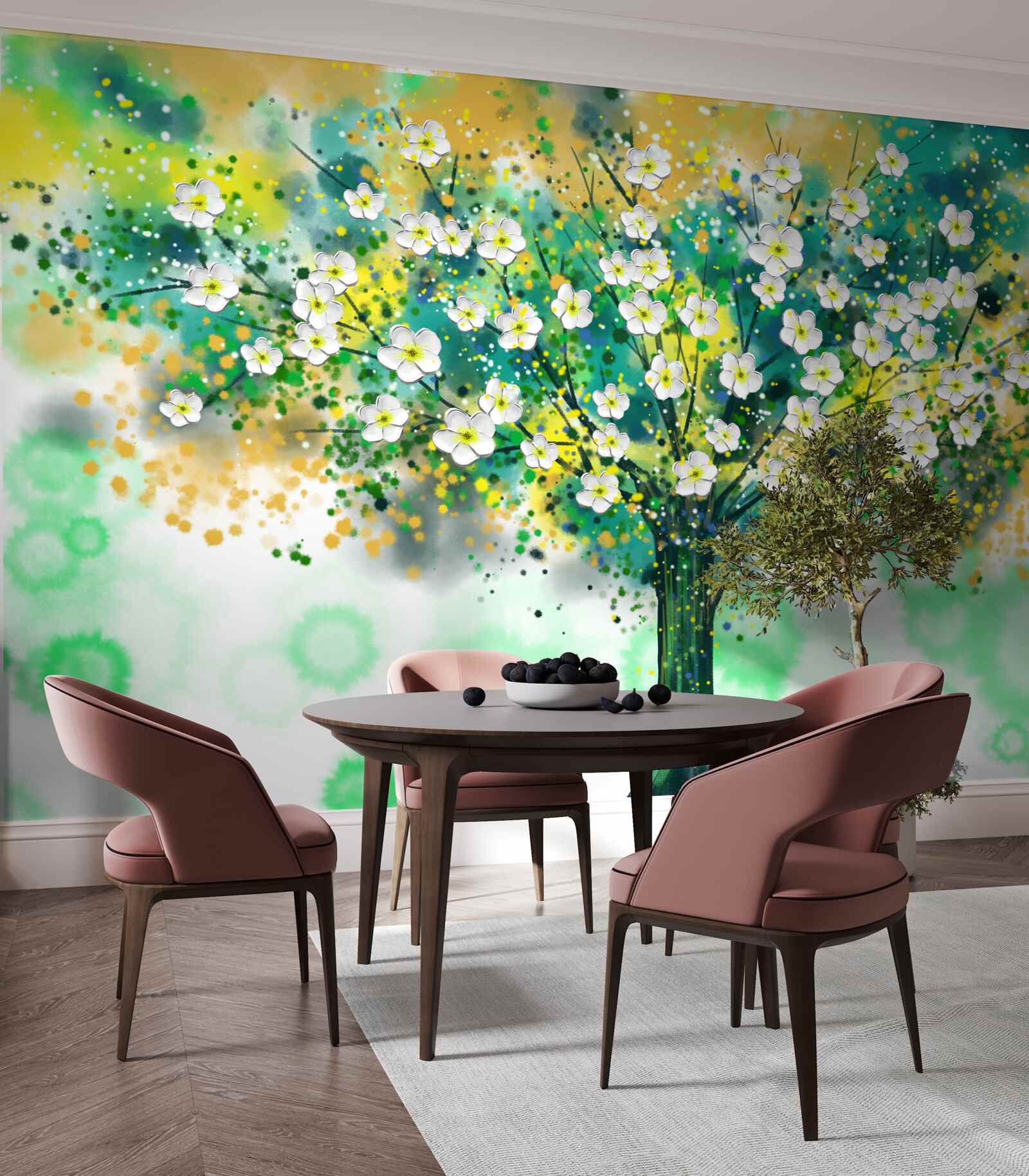 Fototapeten Blumen in verschiedenen Farbtönen auf einem blühenden Baum