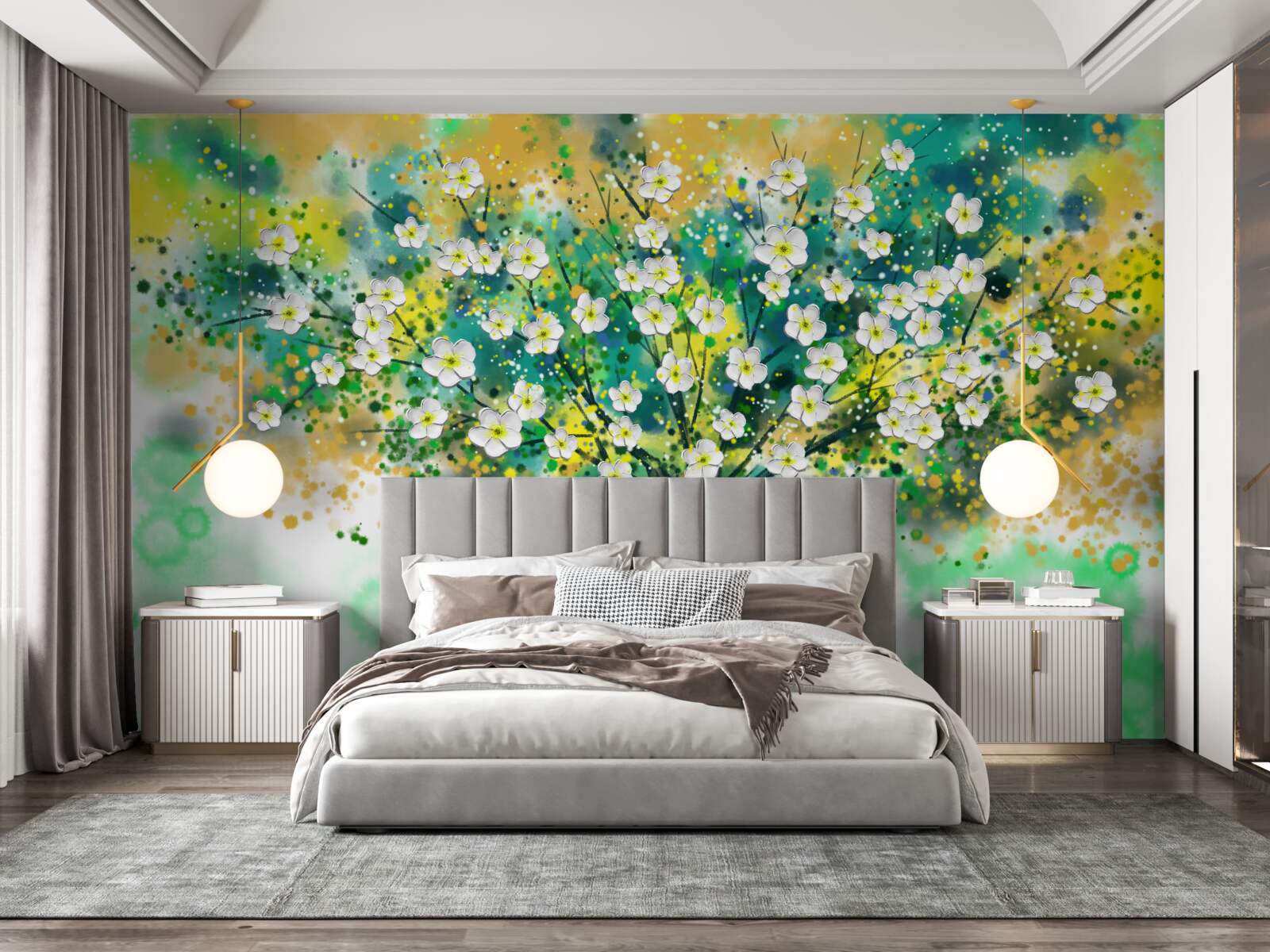 Fototapeten Blumen in verschiedenen Farbtönen auf einem blühenden Baum