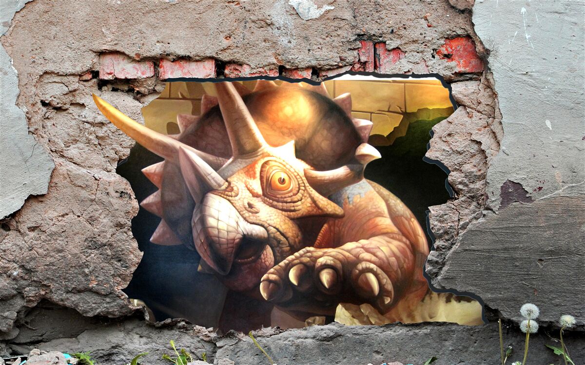 Fototapeten Der Dinosaurier überwindet ein Hindernis in Form einer Steinmauer