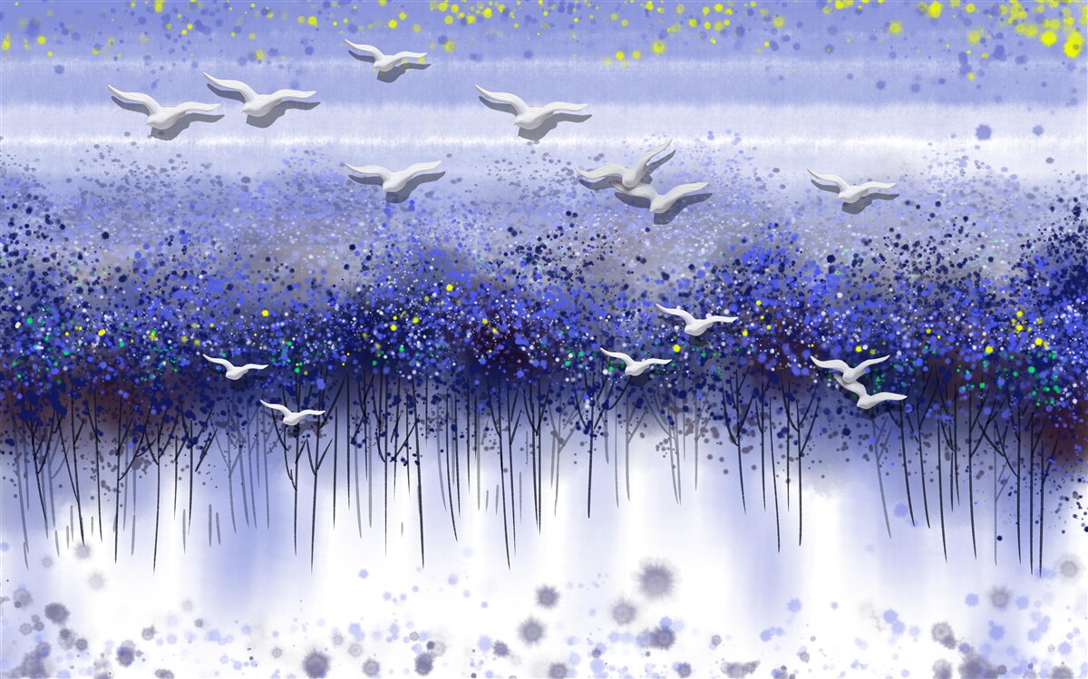 Fototapeten Ein Haufen Vögel am Himmel über den Wald und den See stürzte in die Dämmerung