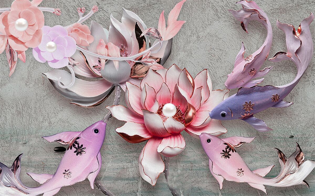 Fototapeten Szene am See mit Lotus und Fisch