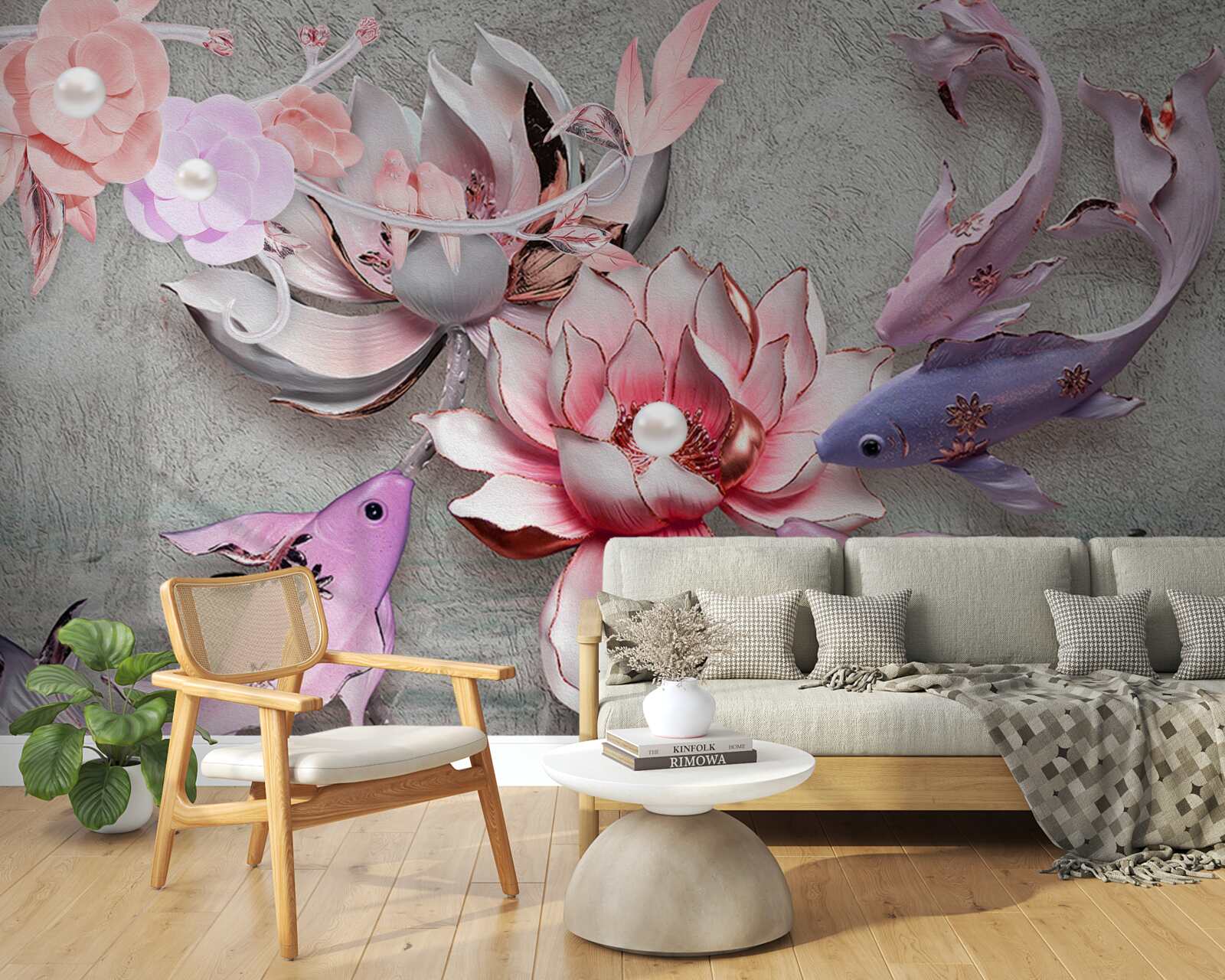 Fototapeten Szene am See mit Lotus und Fisch
