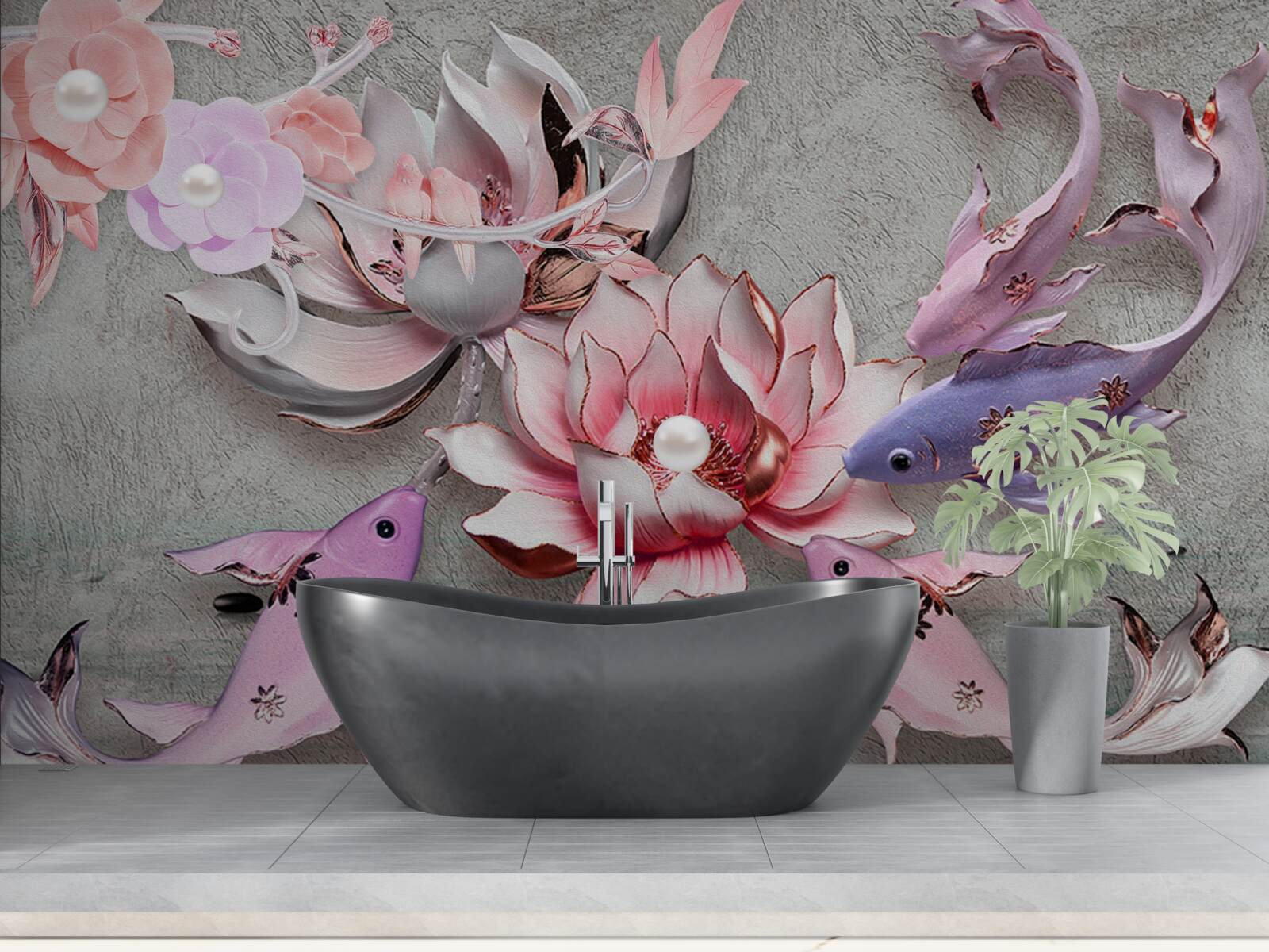 Fototapeten Szene am See mit Lotus und Fisch